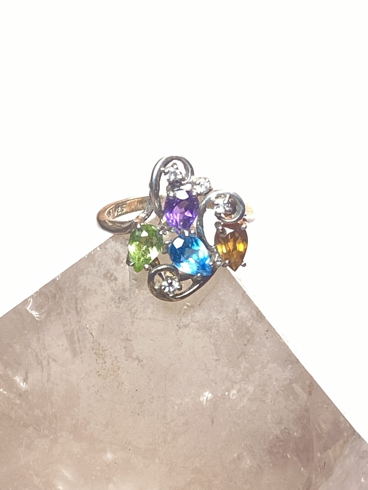 Cocktail ring size 6.75 sparkly colored stones blue pink yellow pinky sterling s