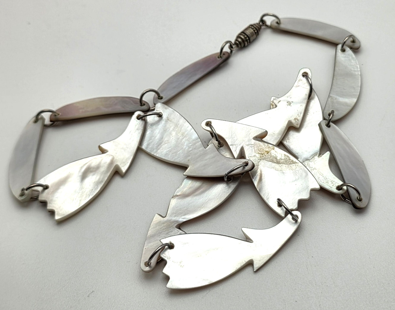 Vintage Black Lip Mother Of Pearl Shell Necklace Carved Fan Link 20 In Tropical