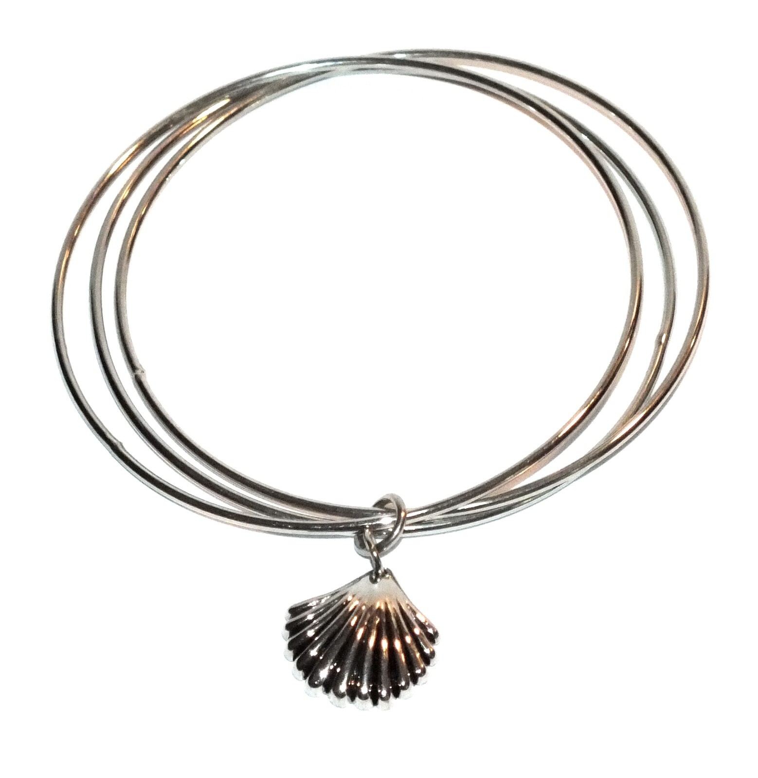 Silver Tone Bangle Bracelet 3 Bracelets Shell Charm Nautical Themed Jewelry J503