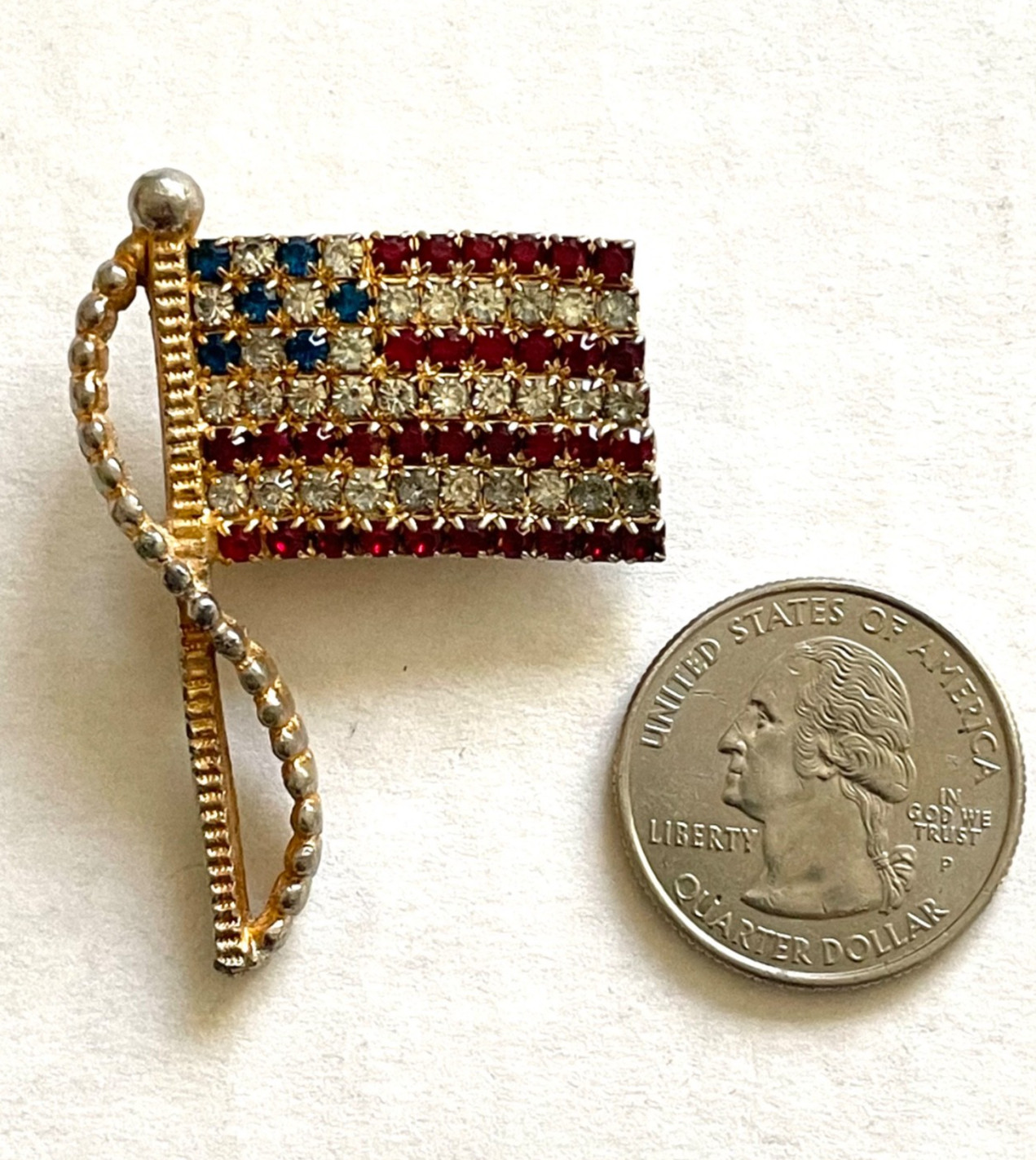 Vtg 50s RAFAELIAN American Patriotic Flag Red White Blue Rhinestone Pin Brooch