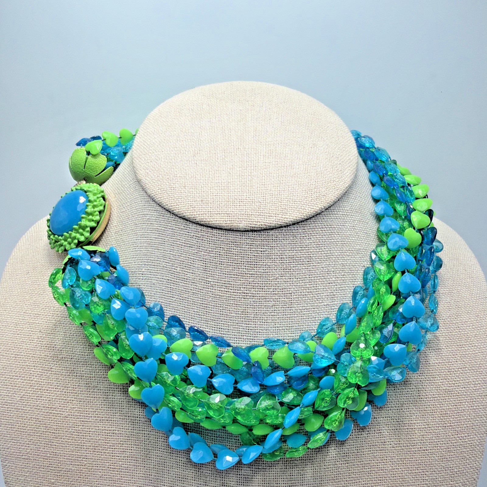 Vintage Multi Strand Hearts Necklace Acrylic Green & Blue Gold Toned Size 16”