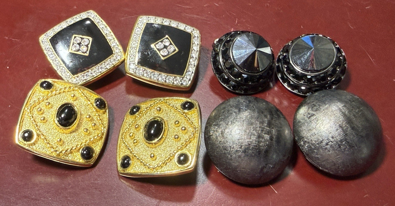 Jewelry Lot Clip Earrings Signed Vtg Black Cabs Rhinestones Gold Tone