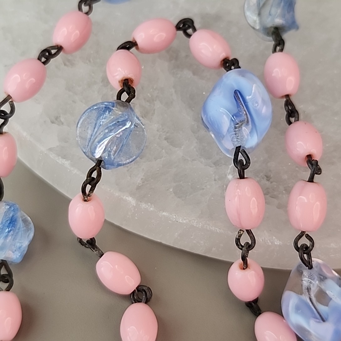 Vintage Art Deco Beaded Necklace Blue Givre Pink Milk Glass 59″ Long Flapper
