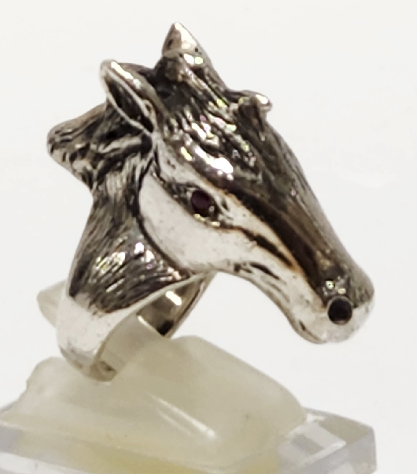 Large Vintage Sterling Silver HORSE HEAD Ring Ruby Eyes Small Size 3 3/4 ~ 30 g