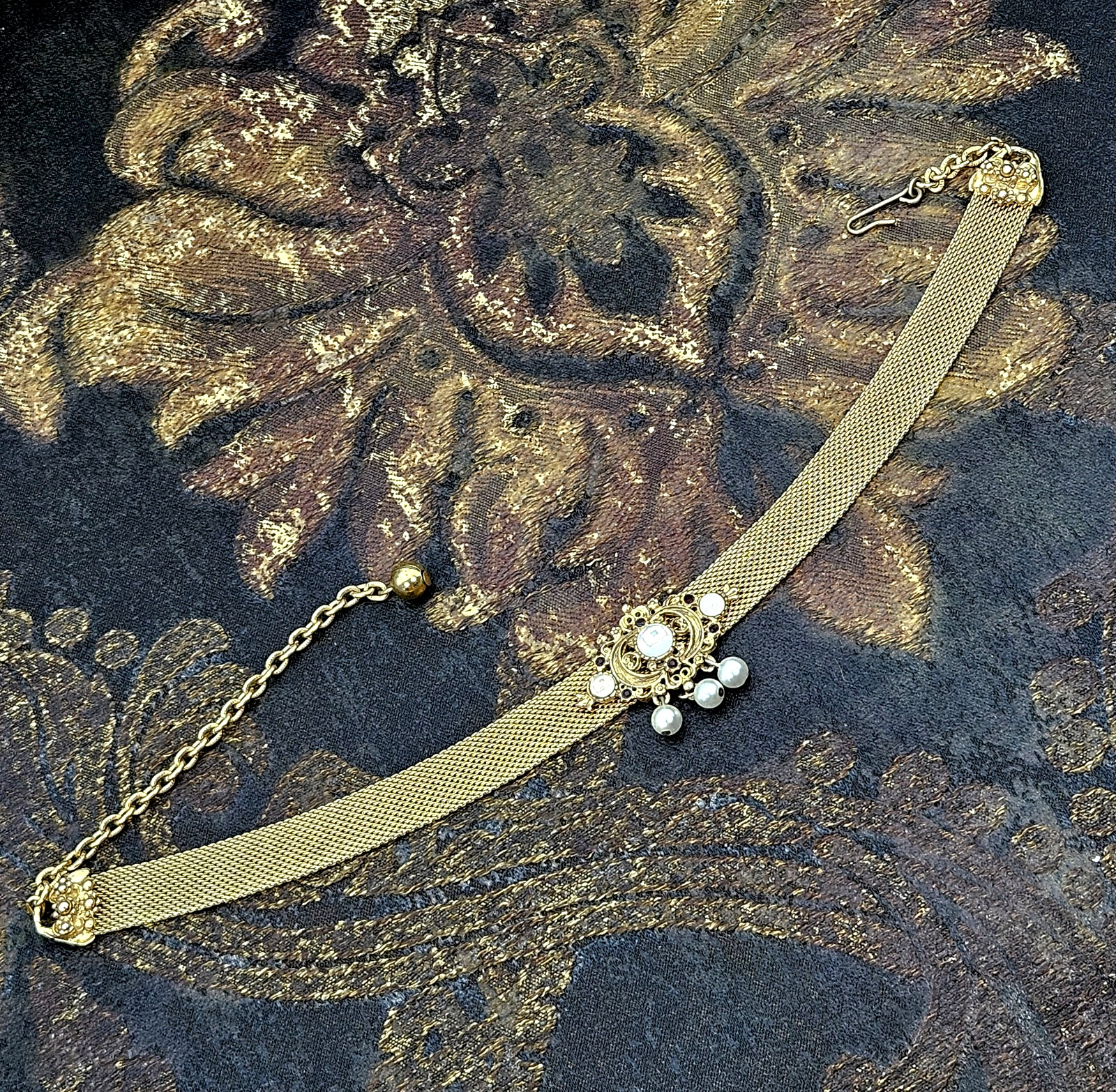 Victorian Revival Gold Tone Mesh Choker Faux Pearl Black Rhinestone Necklace