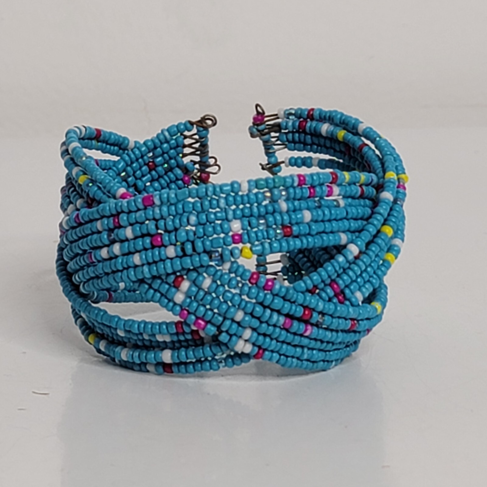 Wide Seed Bead Wrap Bracelet Open Cuff Blue Cultural Southwestern