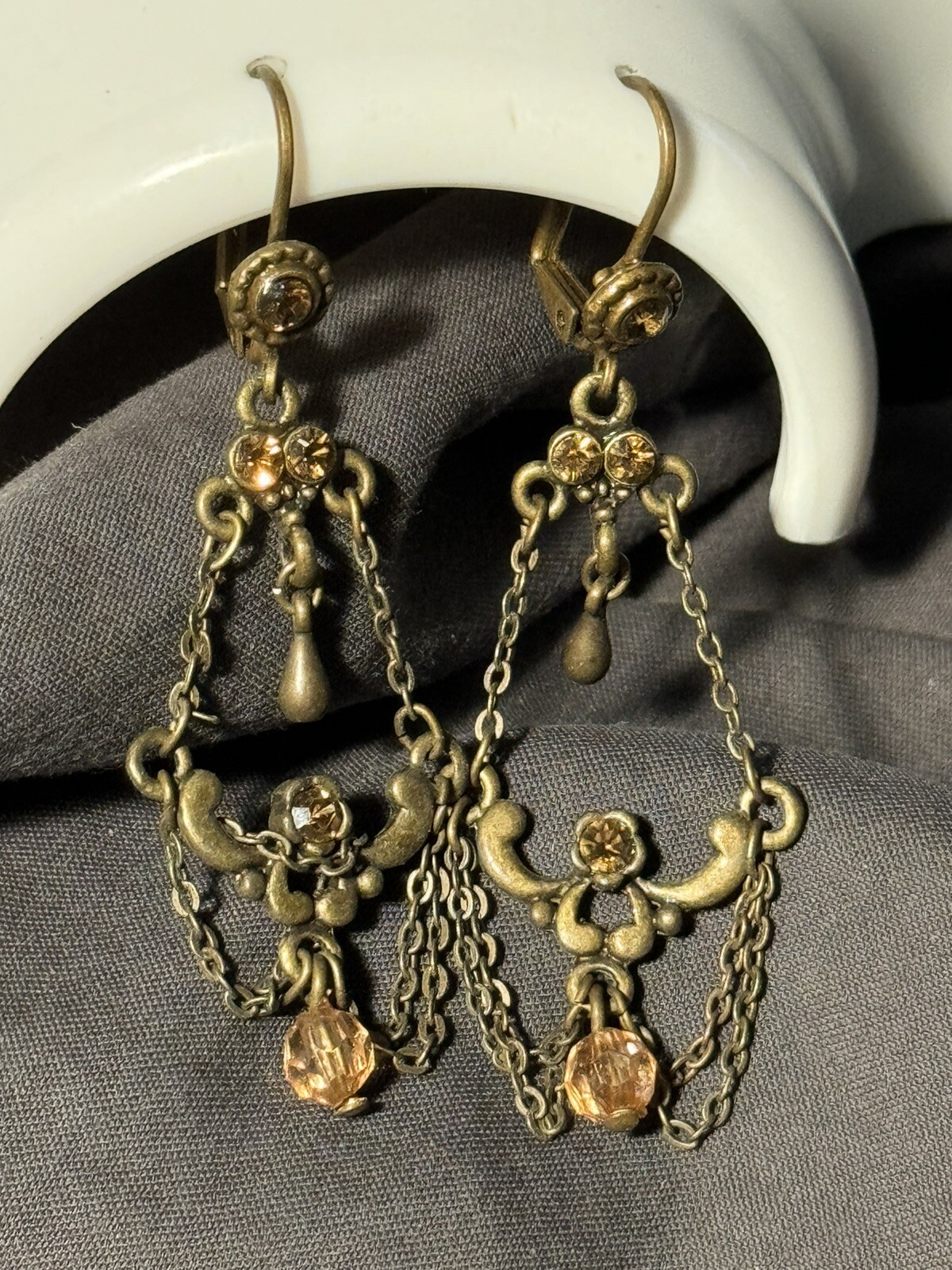 Antique Chandelier Peach Beads Earrings Alloy Metal Self Clasp Beautiful 2inch