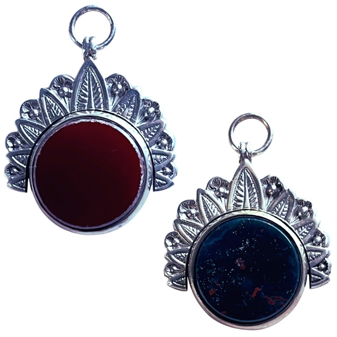 Antique 1800’s Victorian Bloodstone + Carnelian Fob Pendant *Birmingham Silver*
