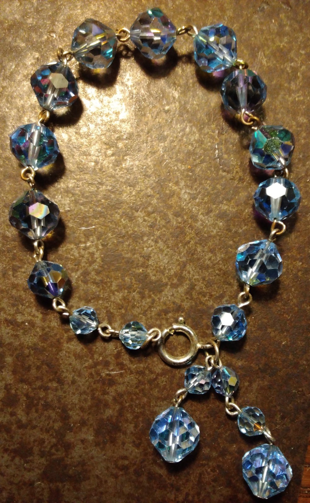 AURORA BOREALIS BLUE Heavy Link CRYSTAL BEAD 8″ BRACELET DANGLES Czech Glass VTG