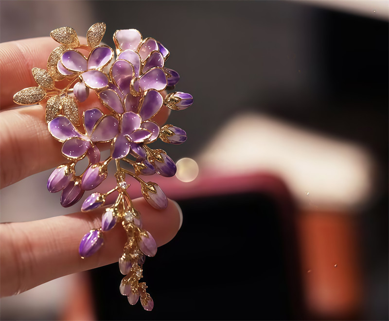 Enamel Color Design Purple Wisteria Flower Brooch, High Quality Flower Brooch