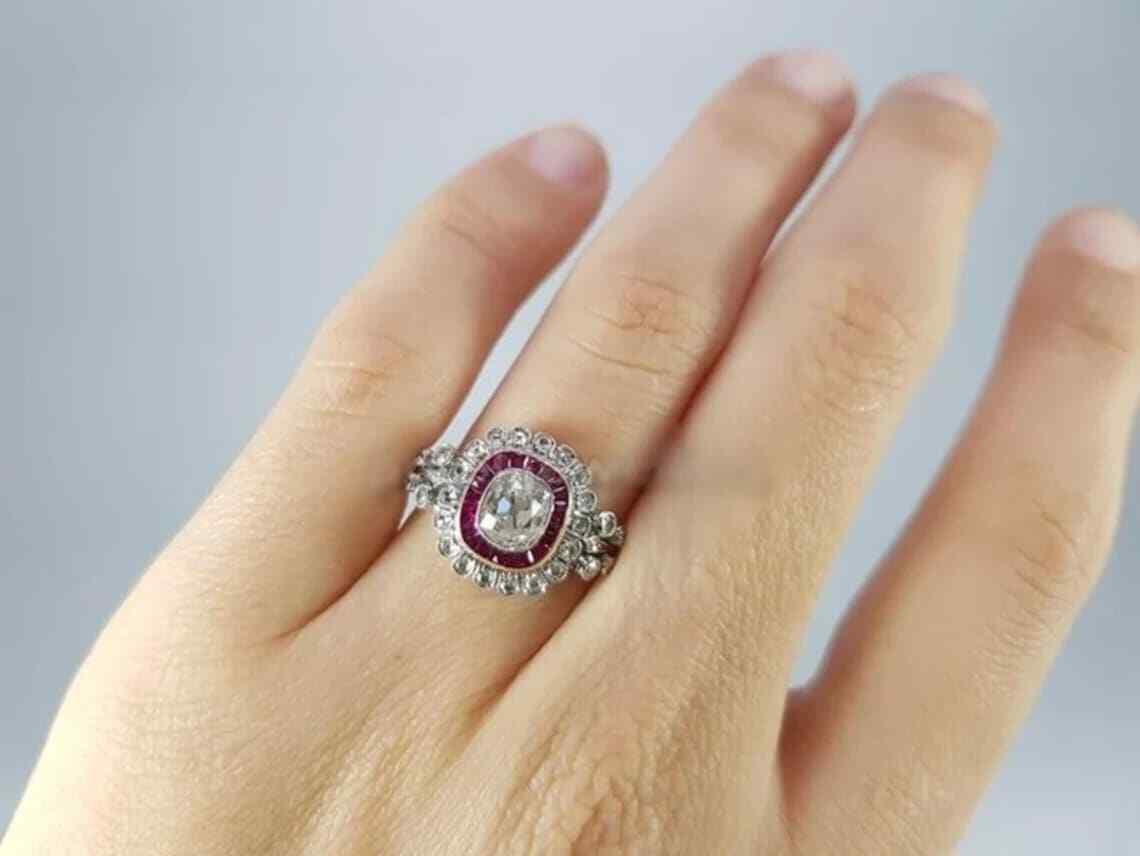 Red Ruby Baguette Cut Moissanite Halo Set Floral Inspire Edwardian Wedding Ring