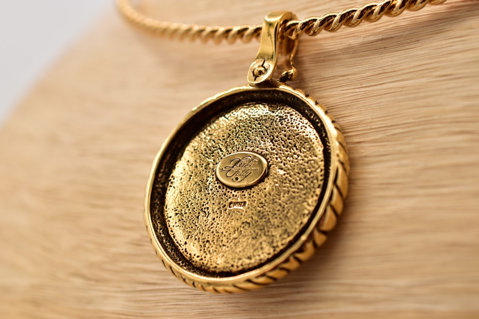 Vintage Kirks Folly Seaview Moon Face Pendant Necklace Gold AB Crystal 80s Bin3D