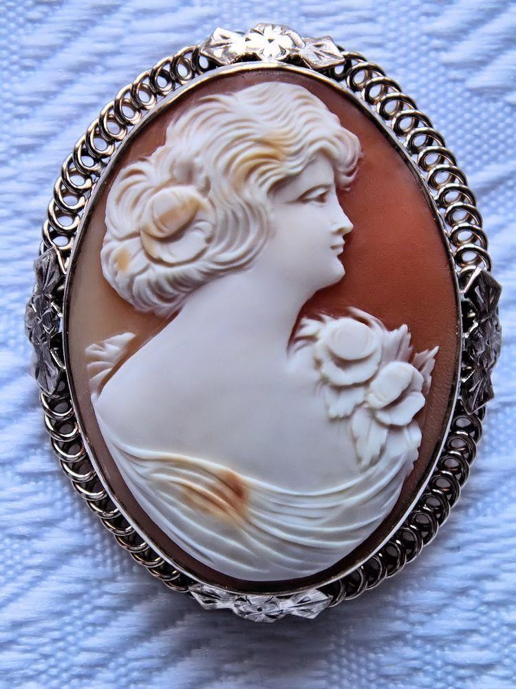 ESTATE VINTAGE 12K GOLD FILLED FANCY FILIGREE SETTING SHELL CAMEO BROOCH *FLORA*