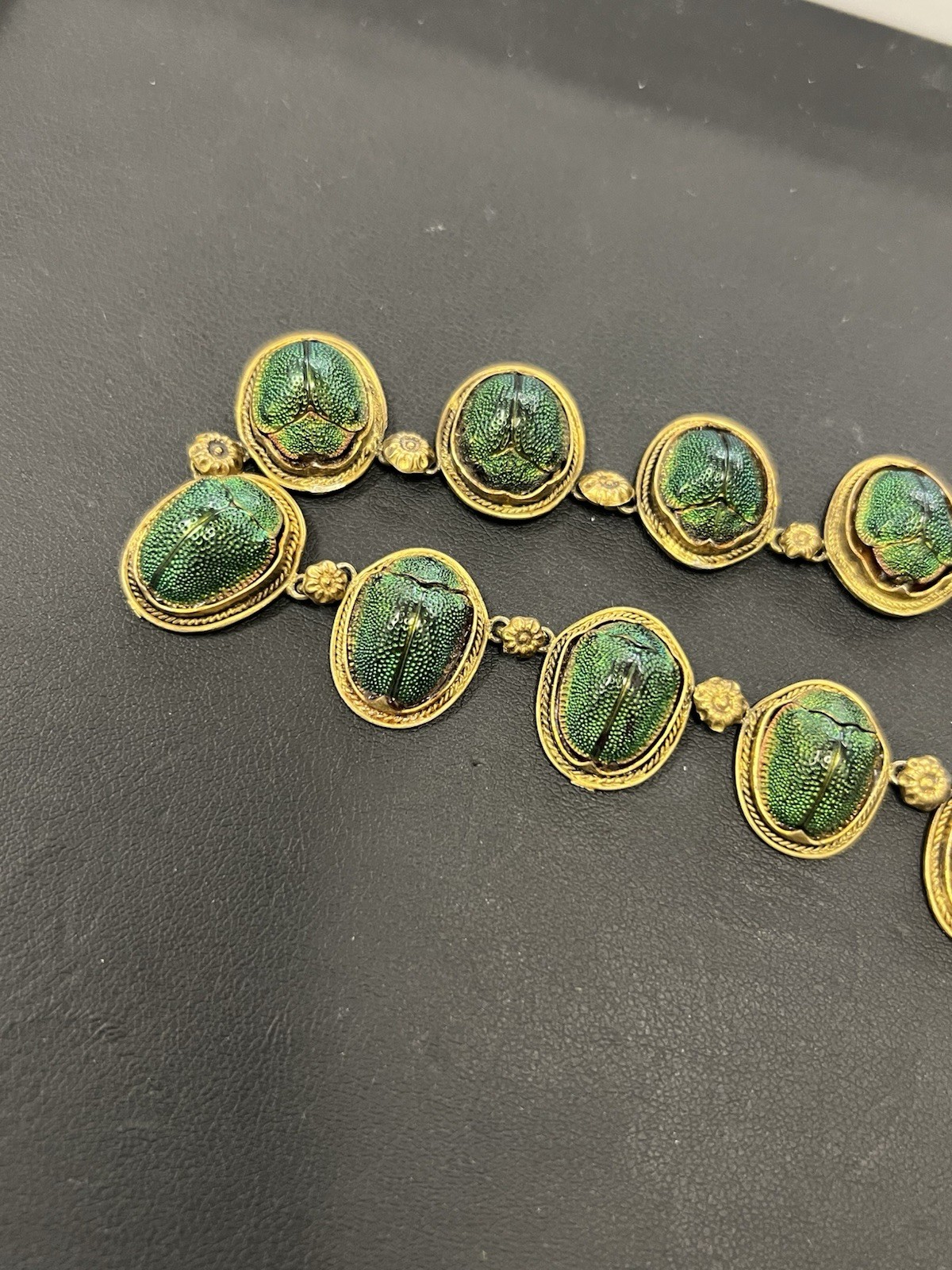 VICTORIAN EGYPTIAN REVIVAL SCARAB BEETLE NECKLACE – GILDED SILVER – 22″ L