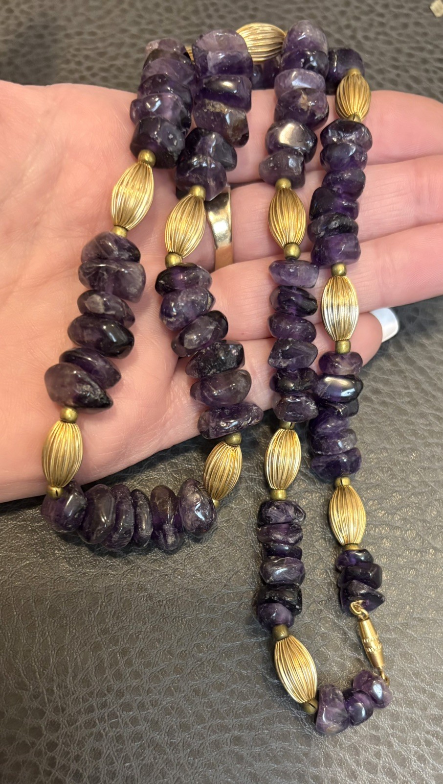 Genuine Dark Purple Amethyst Nugget Beaded Vintage Gold Tone Chunky Necklace 24”