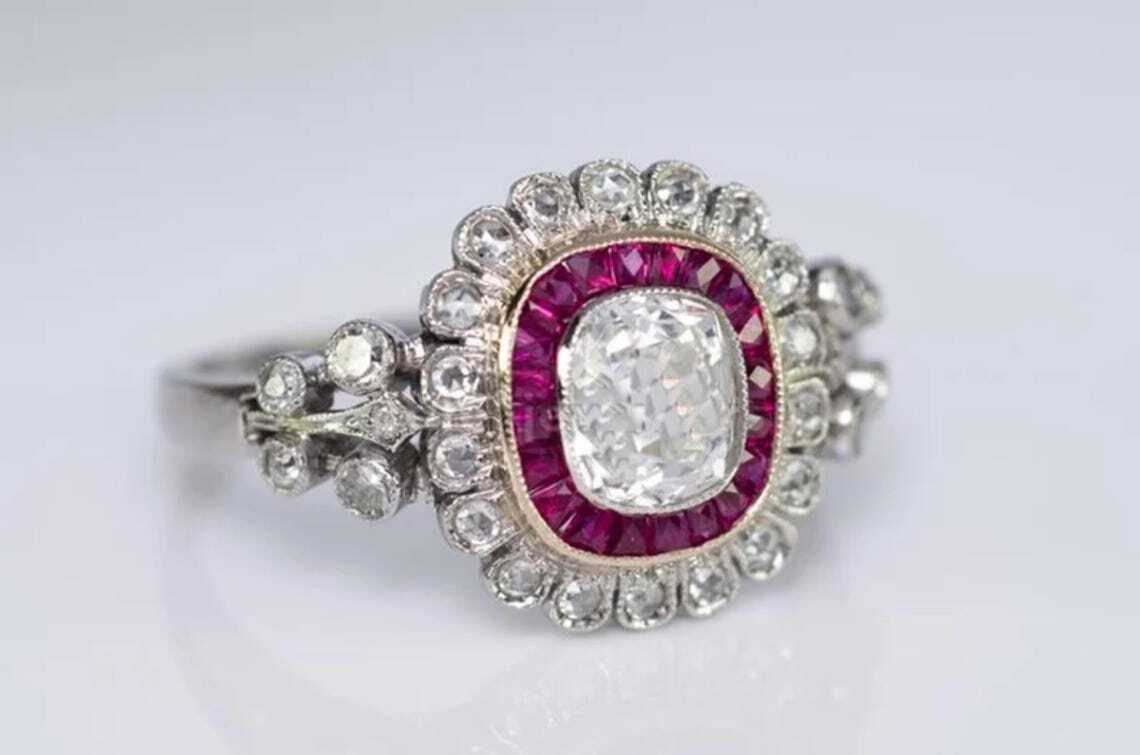 Red Ruby Baguette Cut Moissanite Halo Set Floral Inspire Edwardian Wedding Ring