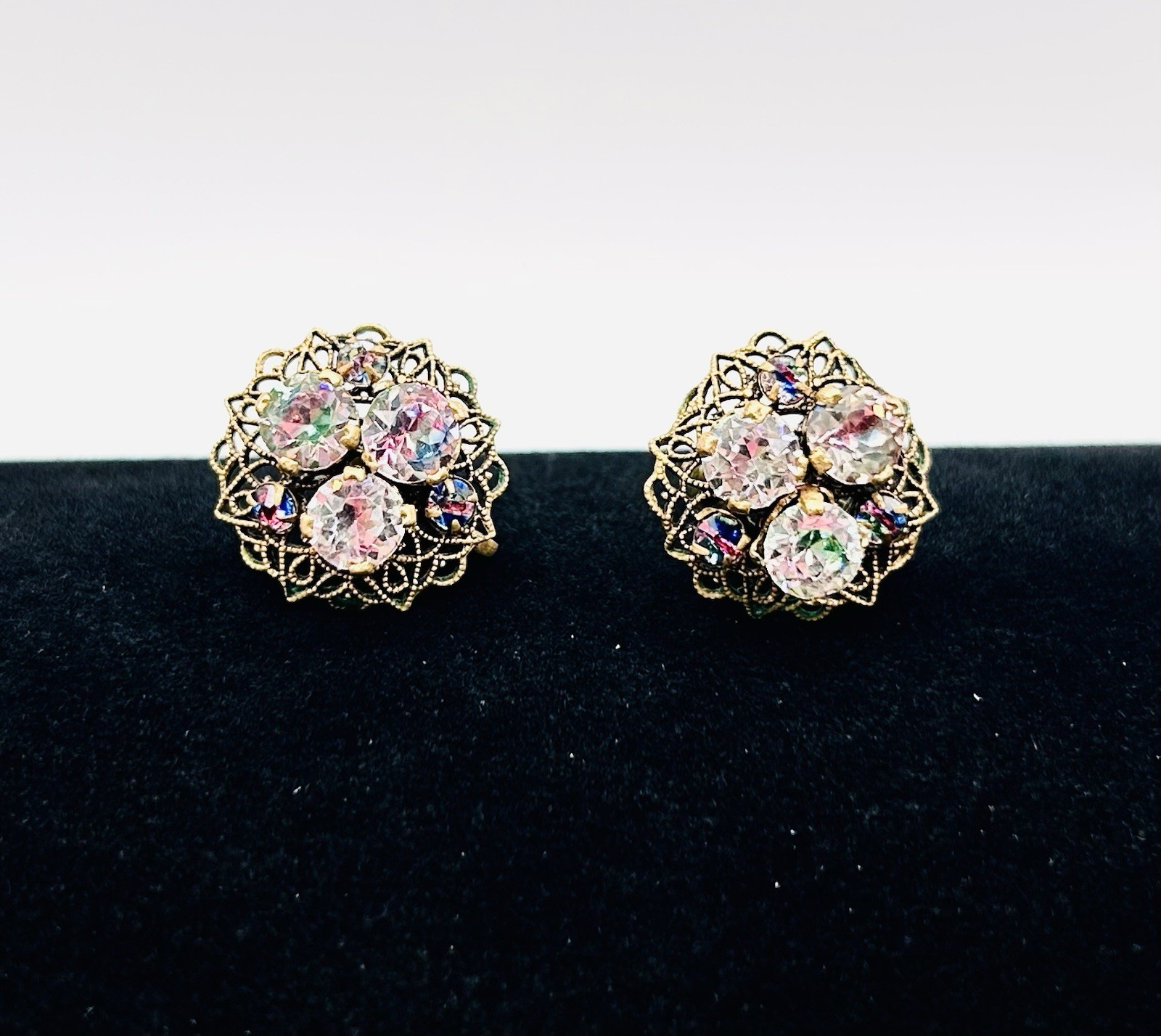 Vtg CZECH Screw-back Cluster EARRINGS and BRACELET SET-Gold Tone-RHINESTONE