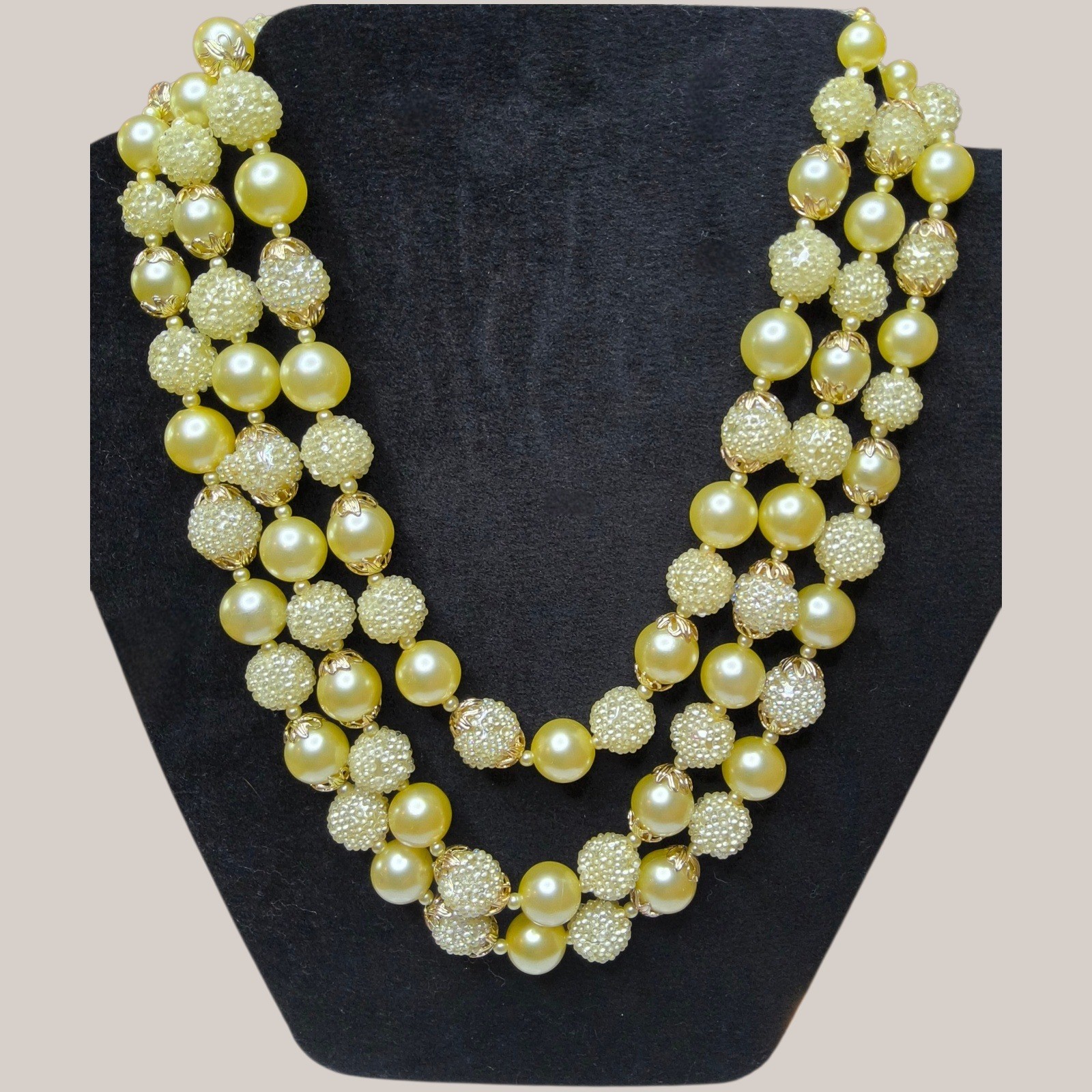 Vintage Hong Kong 3 Strand Faux Pearl Necklace Champagne Gold Beaded Choker