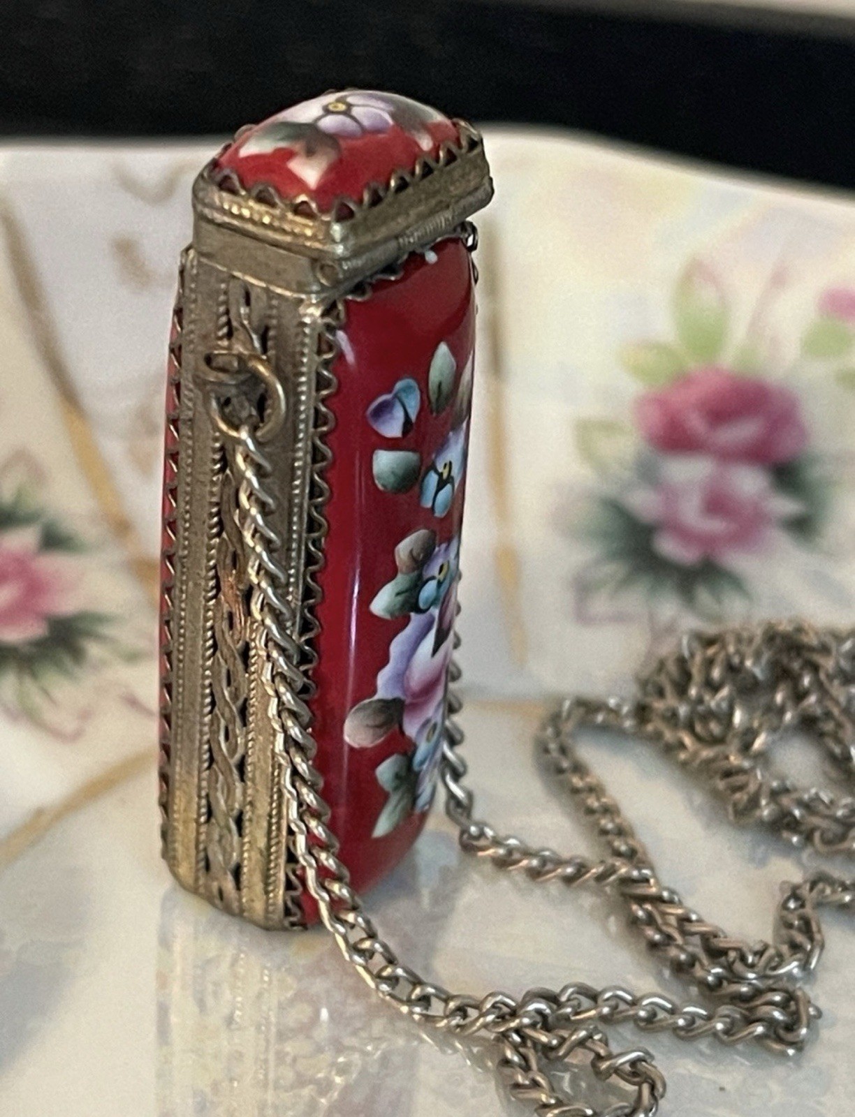Vintage Russian Finfit Hand Painted Enamel Pillbox Locket & Earring Set