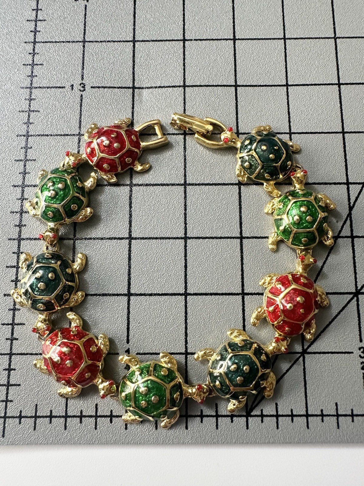 Vintage Gold Tone and Enamel Multi Color Turtle Bracelet 7.5”
