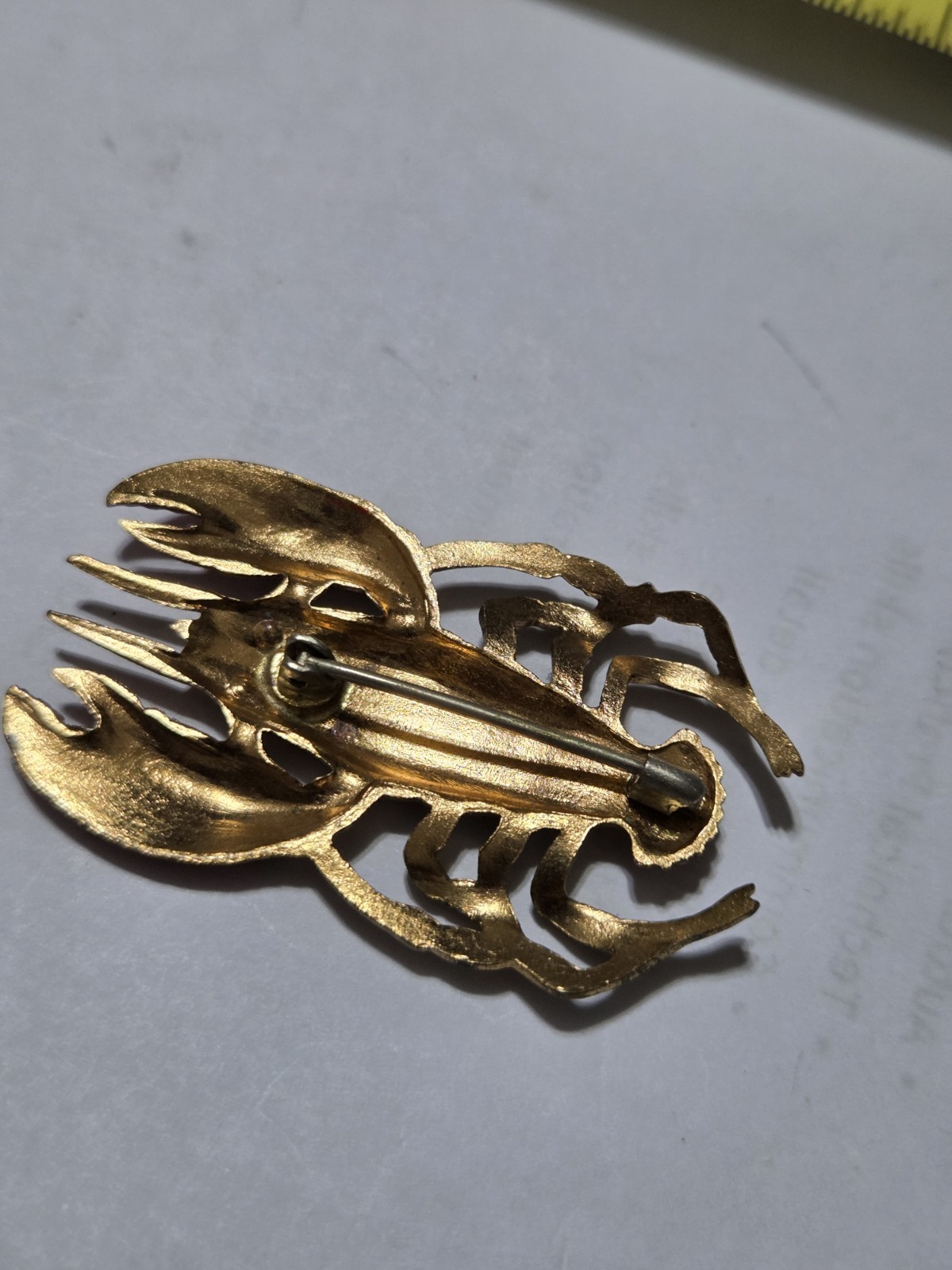 Vintage Metal Lobster Brooch Pin Red Gold Tone With Green Eyes