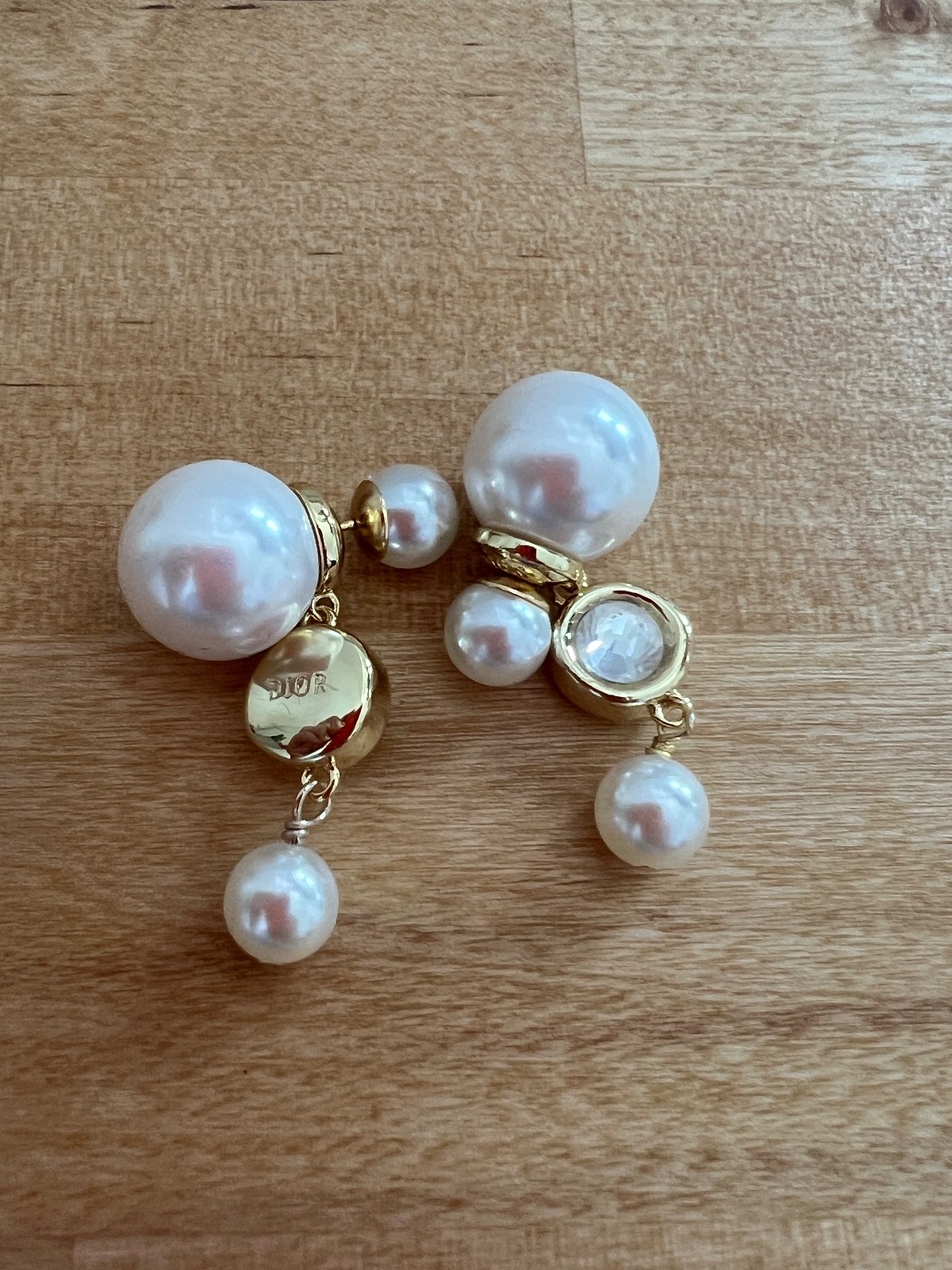 Vintage CHRISTIAN DIOR Gold Tone Crystal Faux Pearl Dangle Pieced Earrings