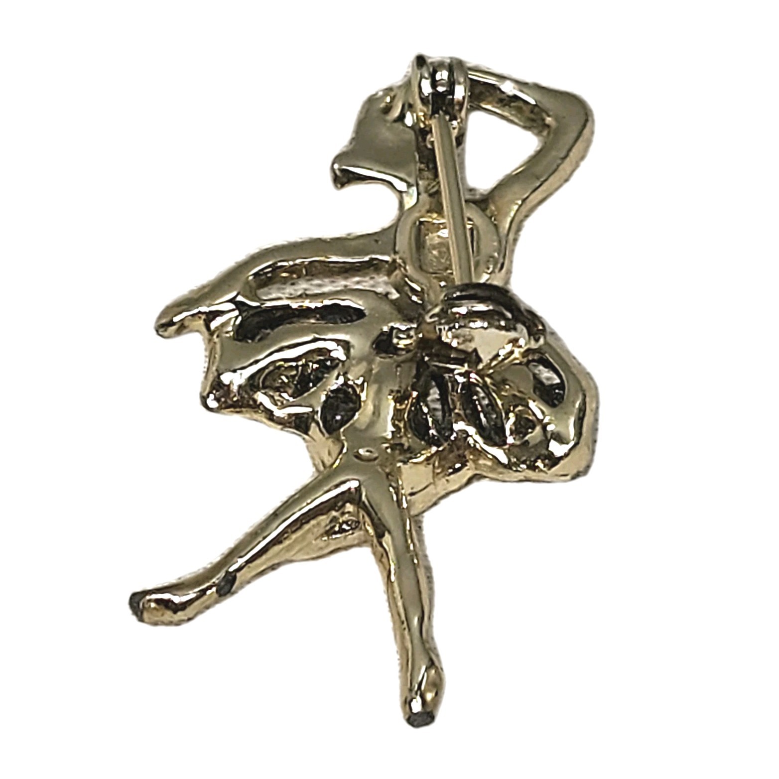 Vintage Gold Tone Green Rhinestone Ballerina Brooch 1 5/8″ Length