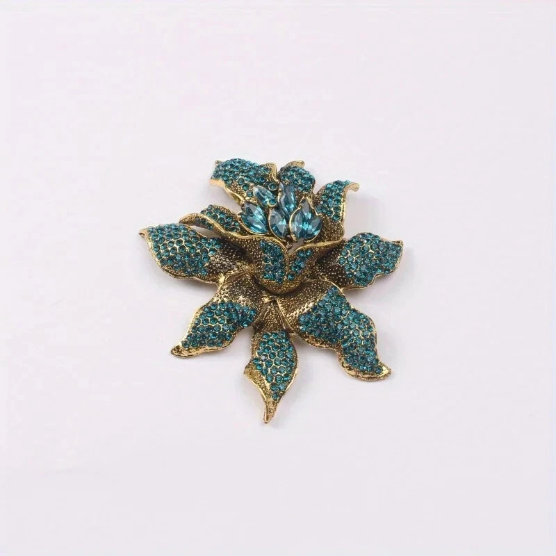 Unique Vintage Style Flower Leaf Blue Rhinestone Crystal Pendant Brooch Pin Gift