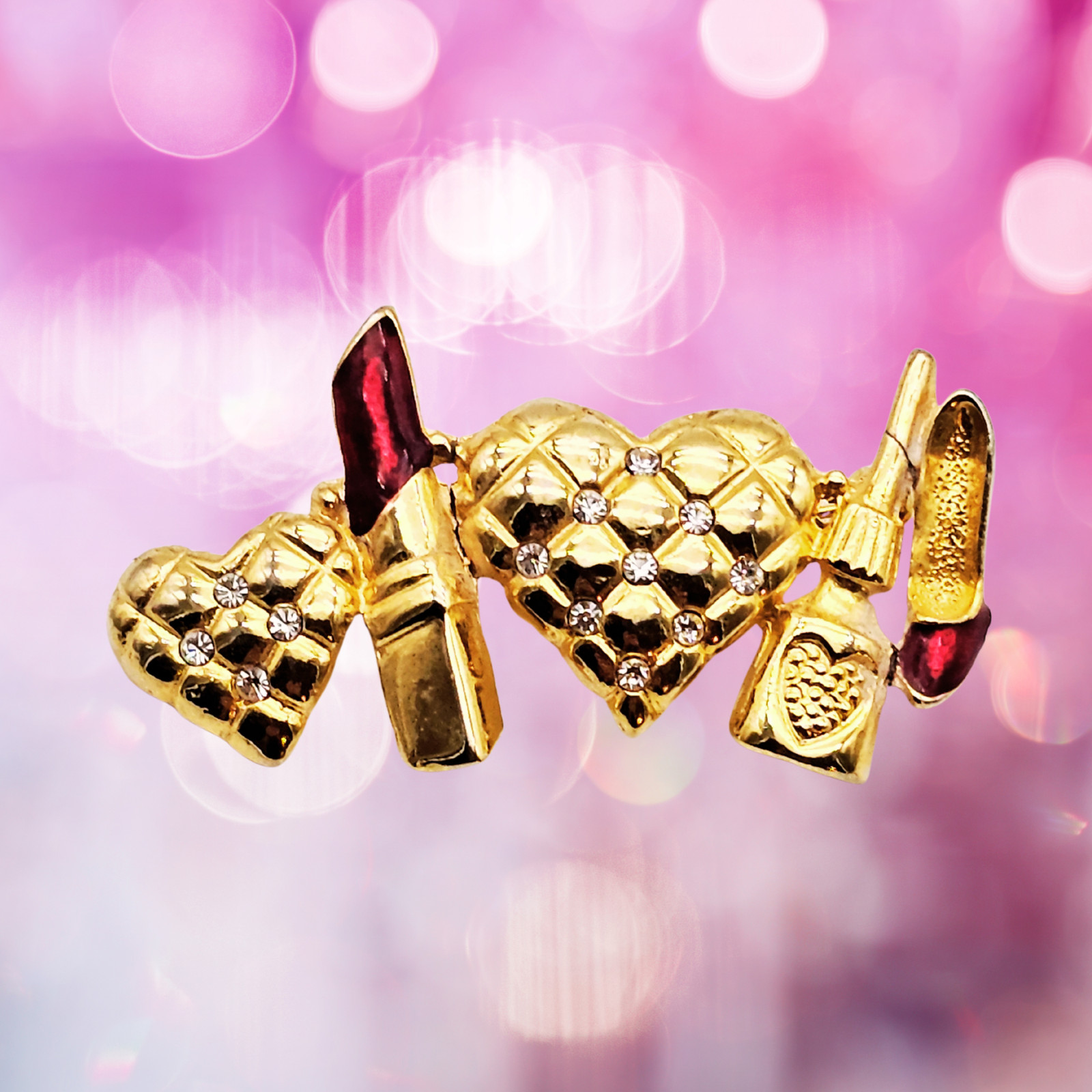 ✨ VTG Gold-Tone Hearts & Lipstick Brooch w/ Rhinestones Glam Beauty Retro Pin ✨