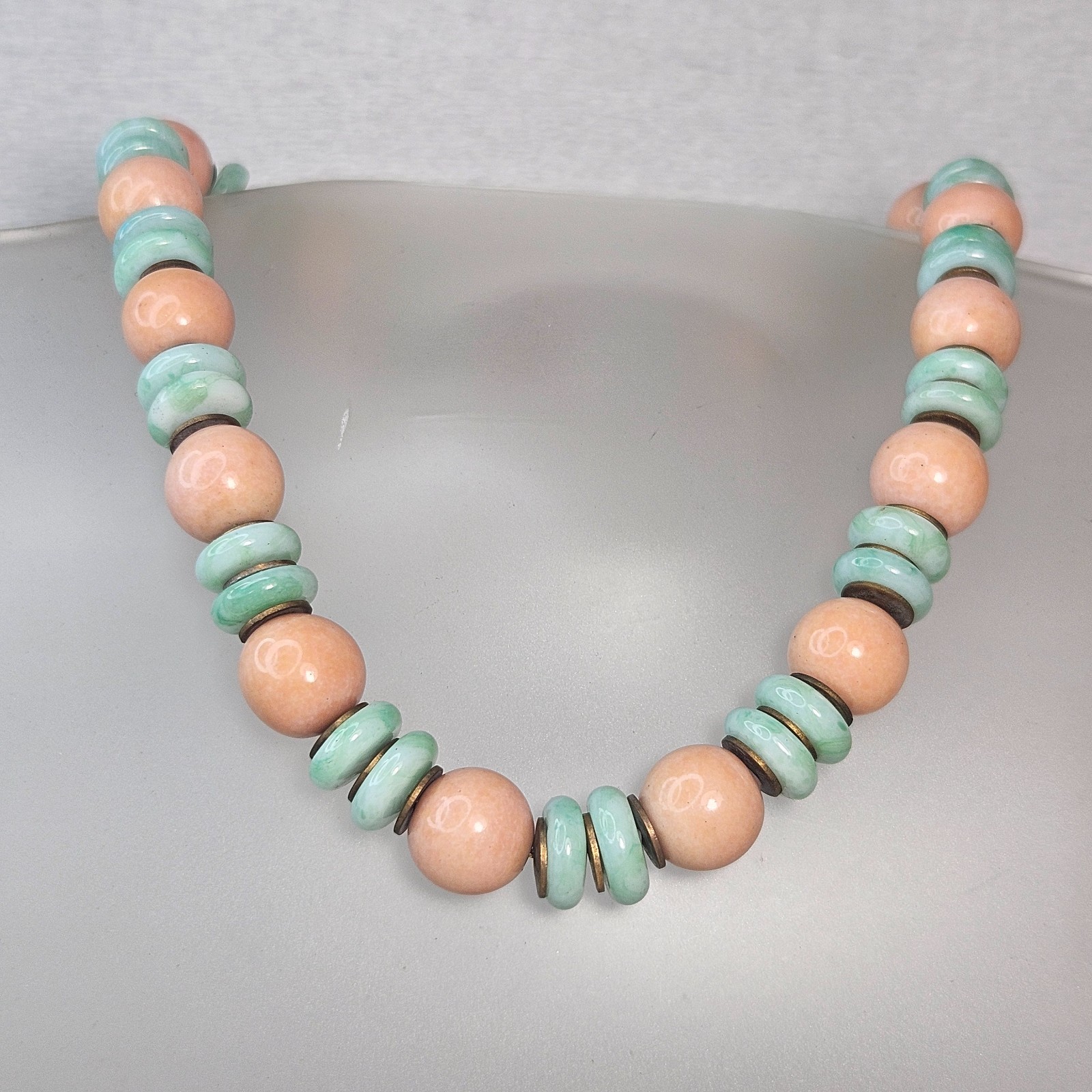 Confirmed ROUSSELET Peach & UV Marbled Green w Brass Discs Glass Bead Necklace