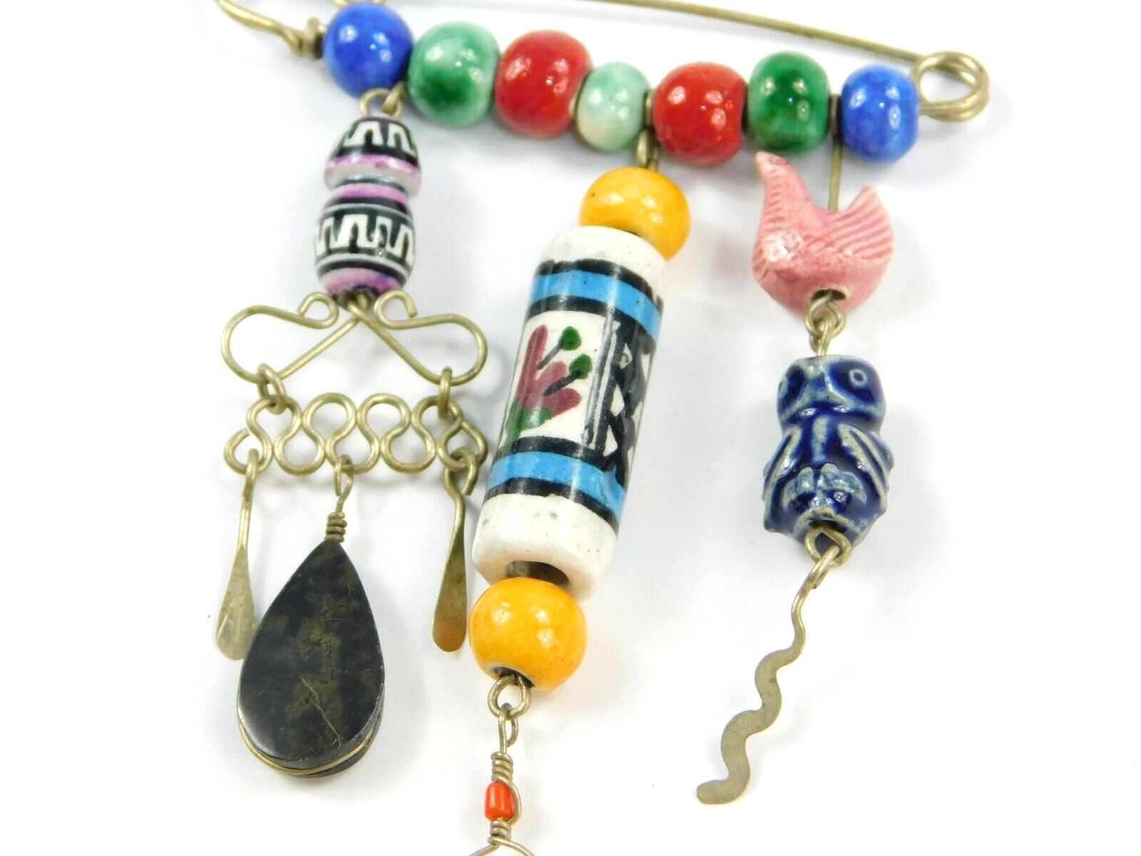 Vintage Mexico? Tonala Style Clay Pottery Beaded Dangle Pin Animals 3.25″ Long