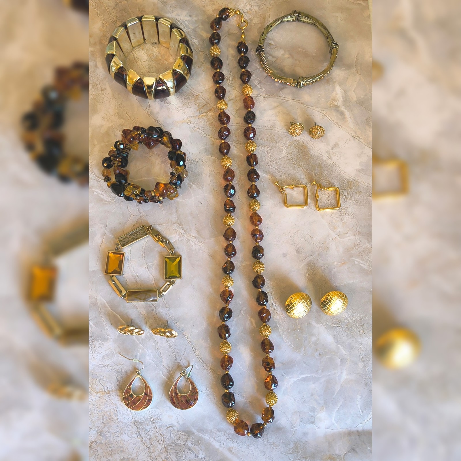 Vintage Jewelry Lot Necklace Earring Bracelet Goldtone Amber Brown Bronze Color