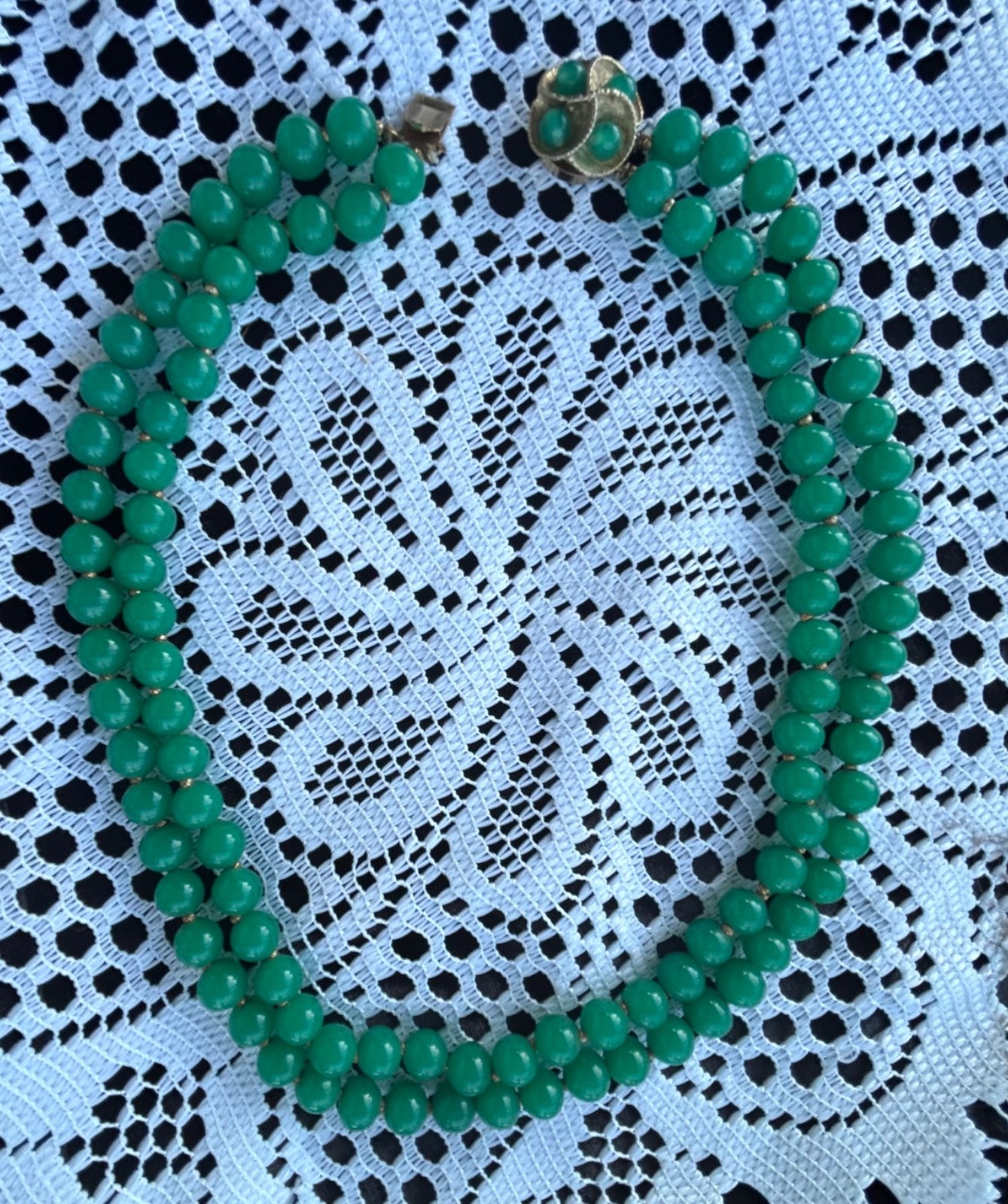 VintageFaux Jade Double Strand Beaded Choker Necklace Gold Tone Medallion Clasp