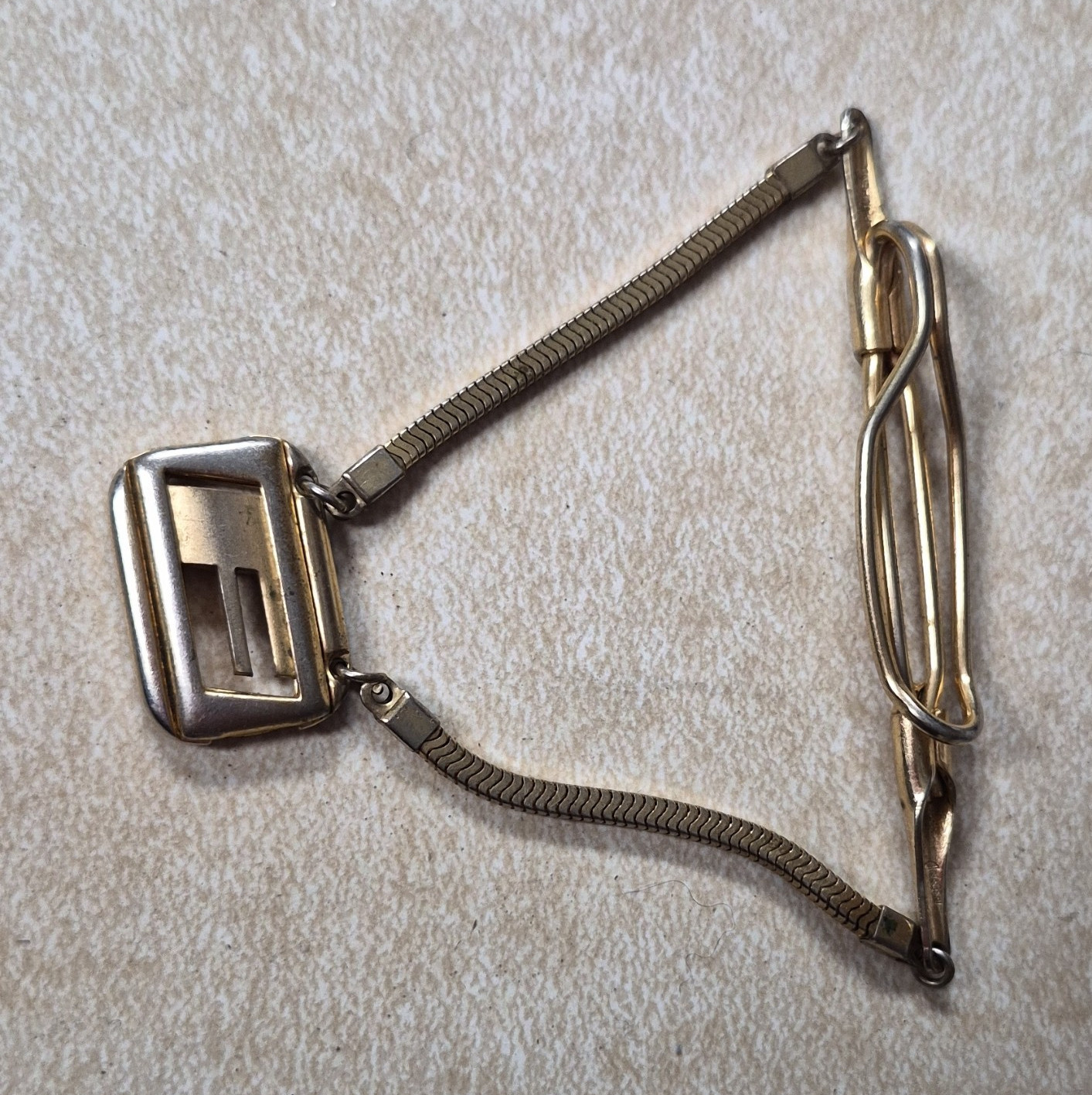 Vintage Two-Tone Gold & Silver Metal Tie Bar Clip w/ Chain Keeper, Men’s