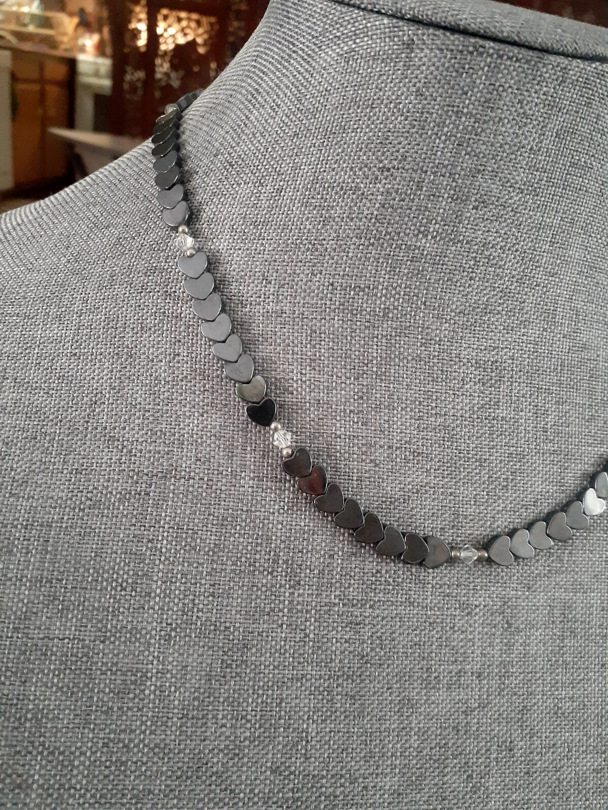 Hematite Heart shaped Bead Necklace with Clear Crystal Station Necklace 18″