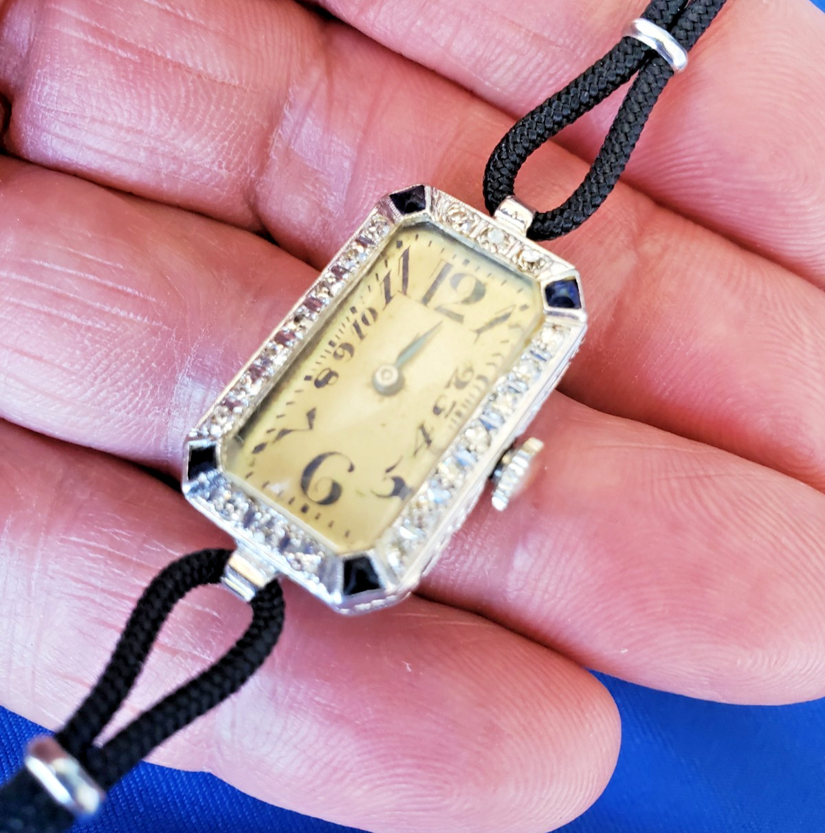 Original EARTH MINED DIAMOND Deco Sapphire Watch Antique PLATINUM Statement 1920
