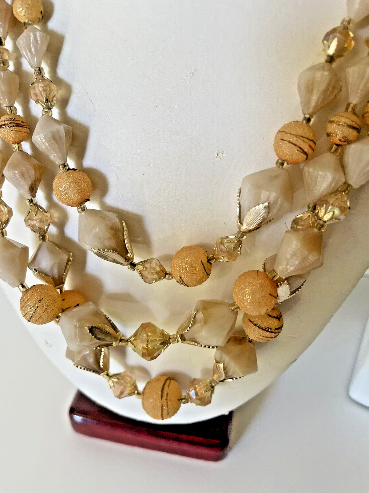 Vintage Beaded Necklace Hong Kong Gold Tone Sugared 3 Strand 20″ signed Sugar