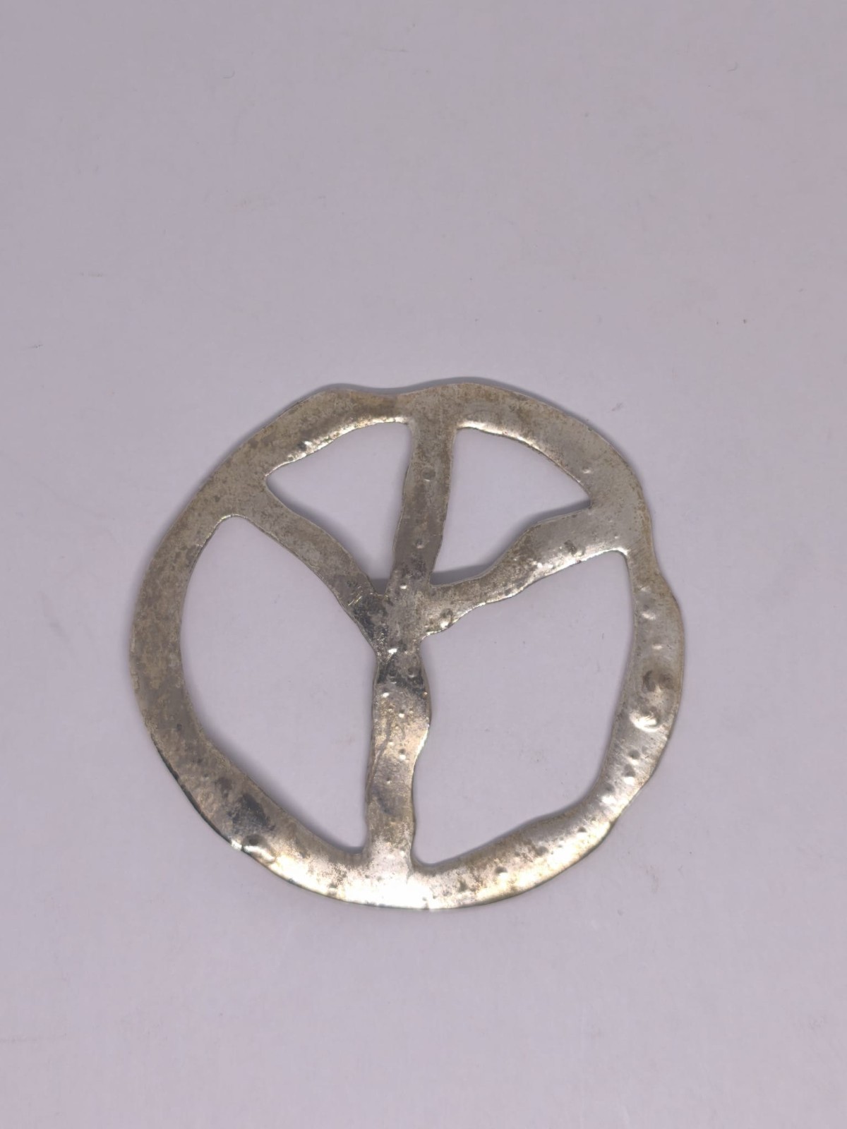 Large Vintage Peace Sign Pendant Silver Tone Hammered Metal Hippie Boho Festival