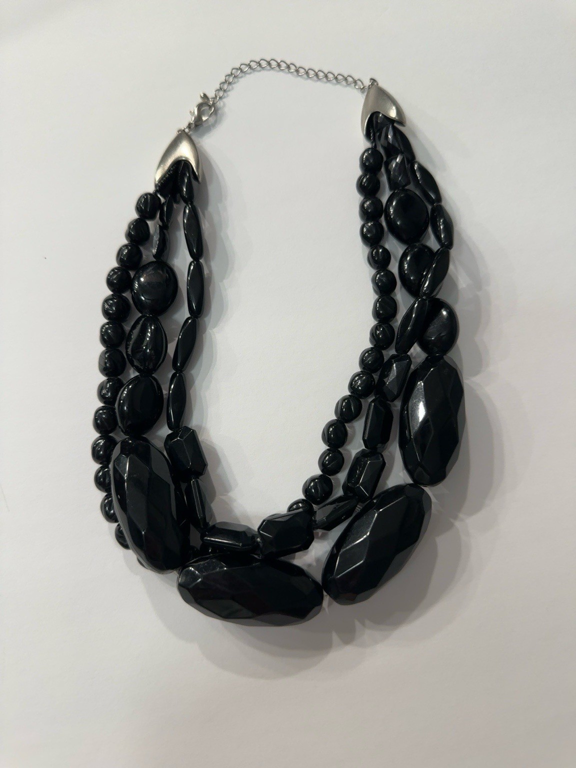 Vintage 1980s Black Multi Strand Statement Necklace Geometric Acrylic Bib Silver