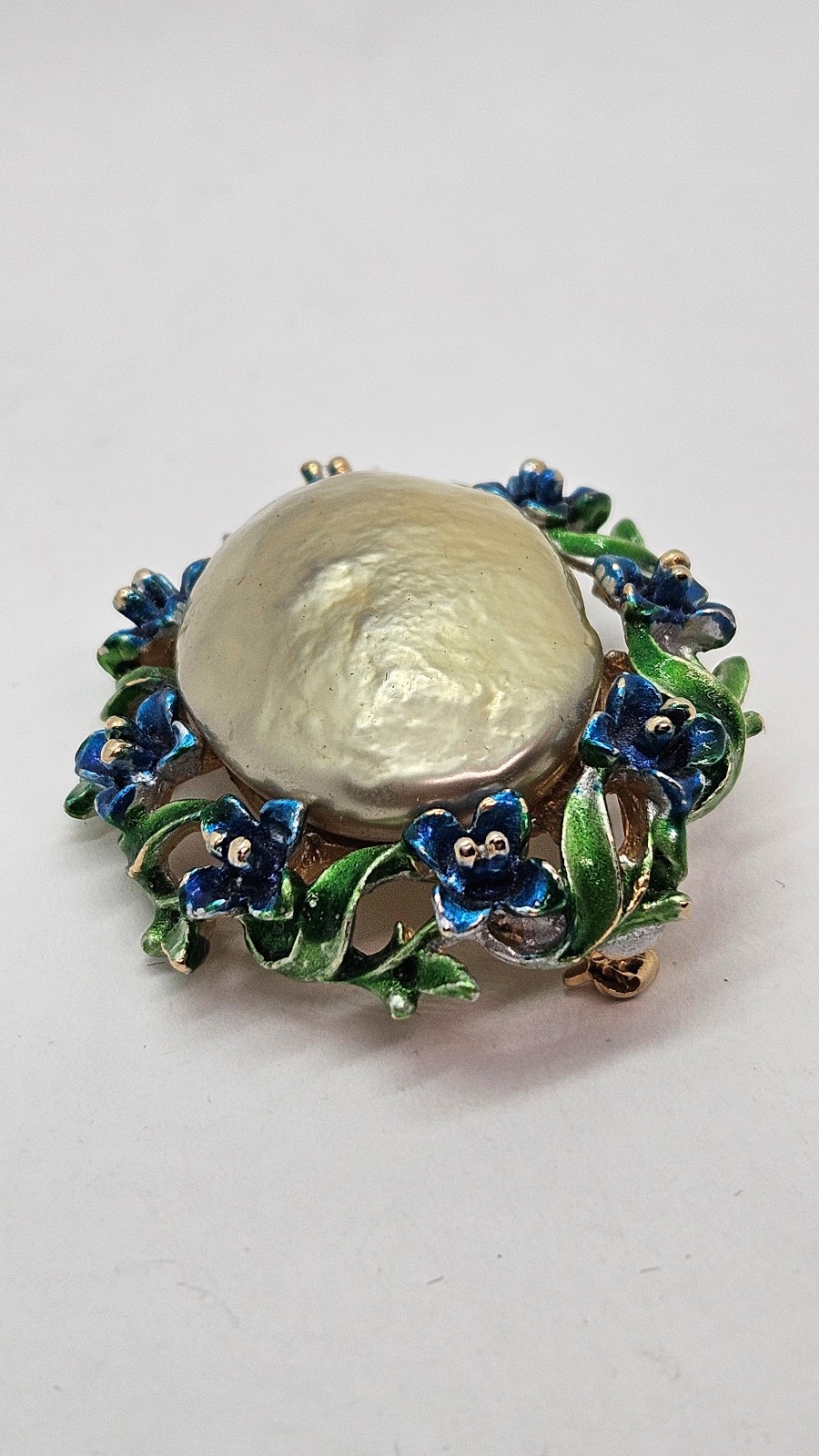 Vintage Signed ART Arthur Pepper Faux Pearl Enamel Blue Green Flowers