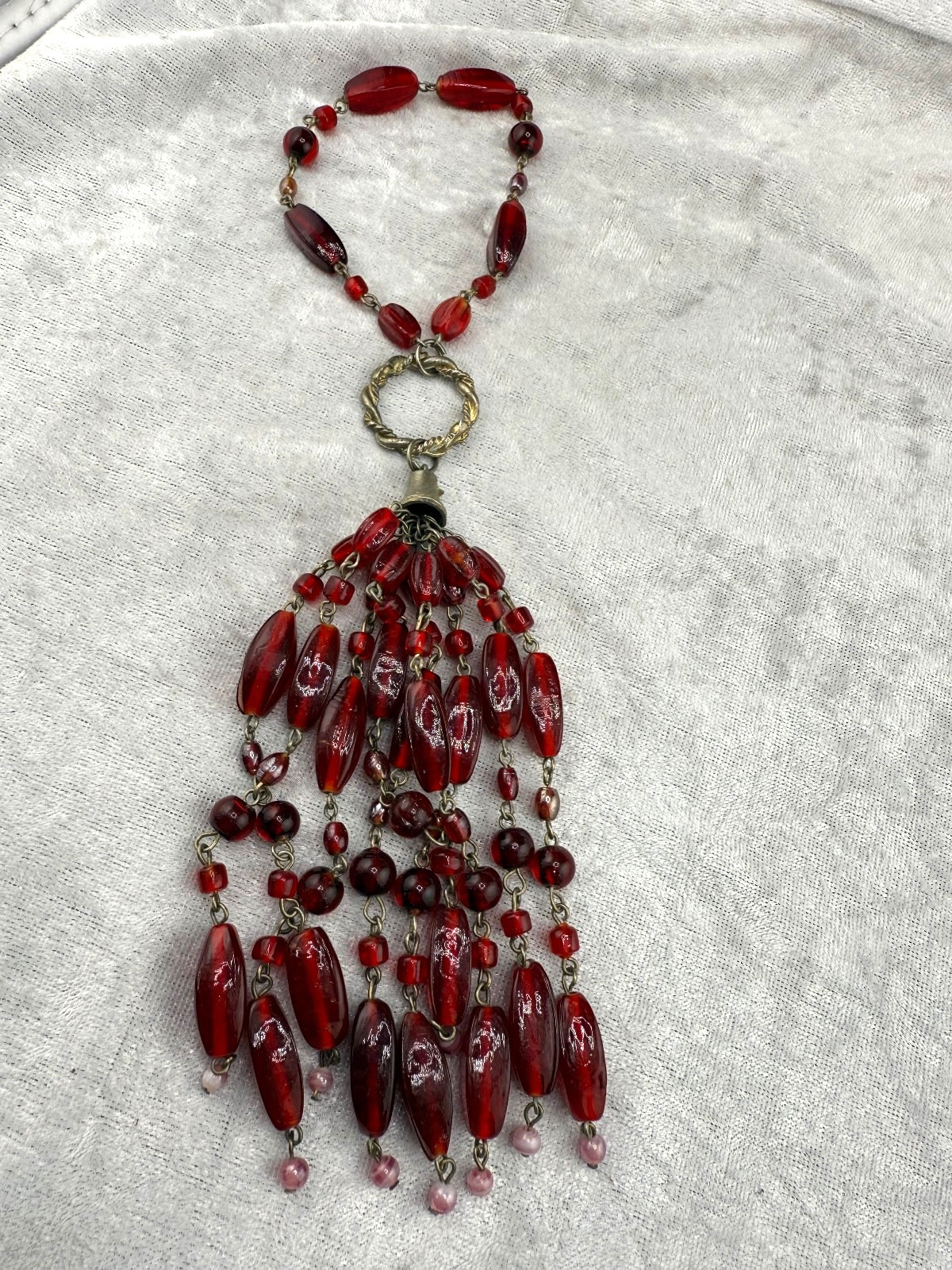 Vintage Red Glass Tassel Bracelet 8.5”