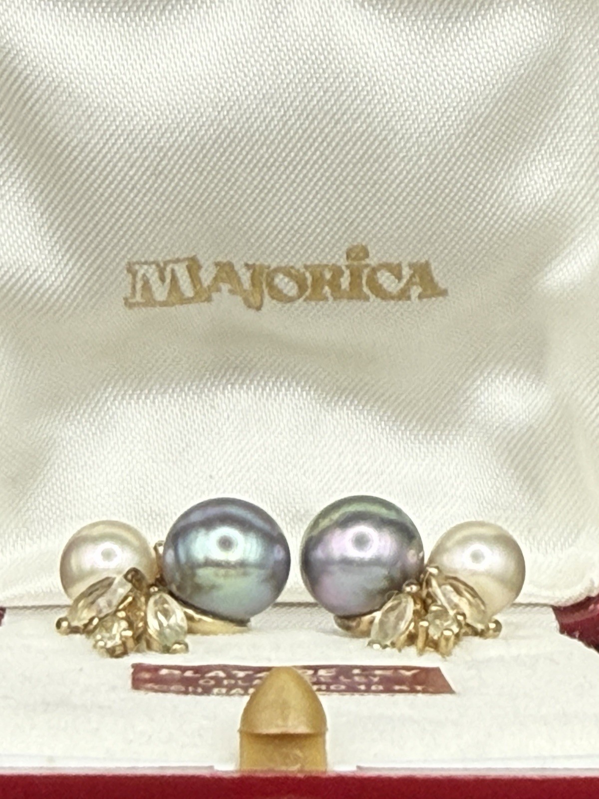 Vintage Majorica Spain Pierced Sterling Silver Pearl and Rhinestone Earrings