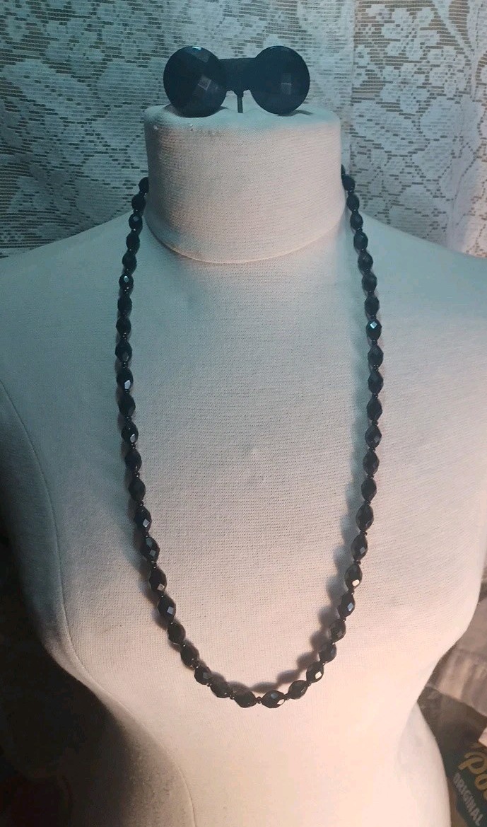Vtg 50’s Black Glass W Germany Earrings Faceted Bead Graduated Necklace Set