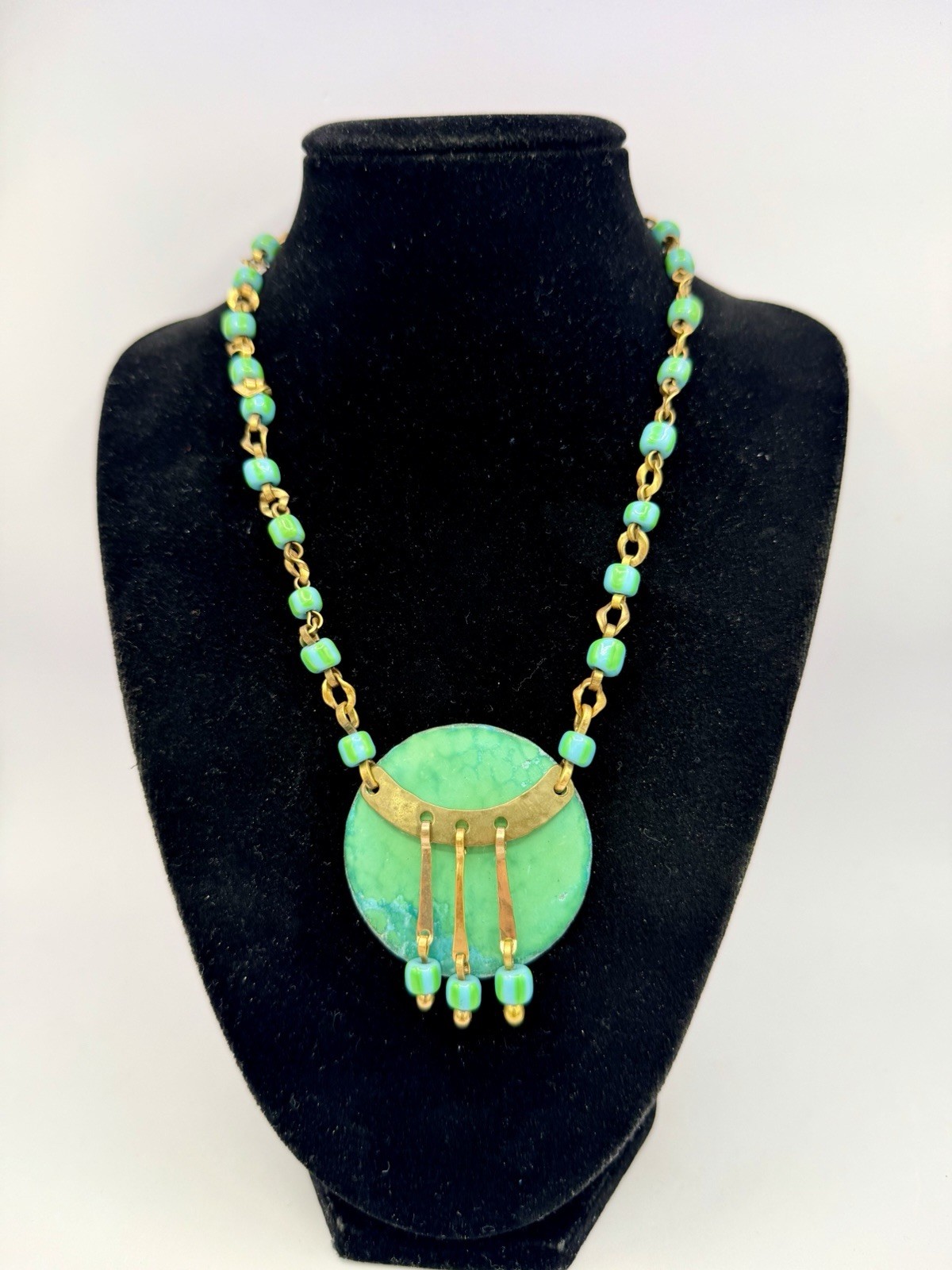 Vintage Oxidized Green OOAK Handmade Chain Statement Collar Necklace 15” DbG Z