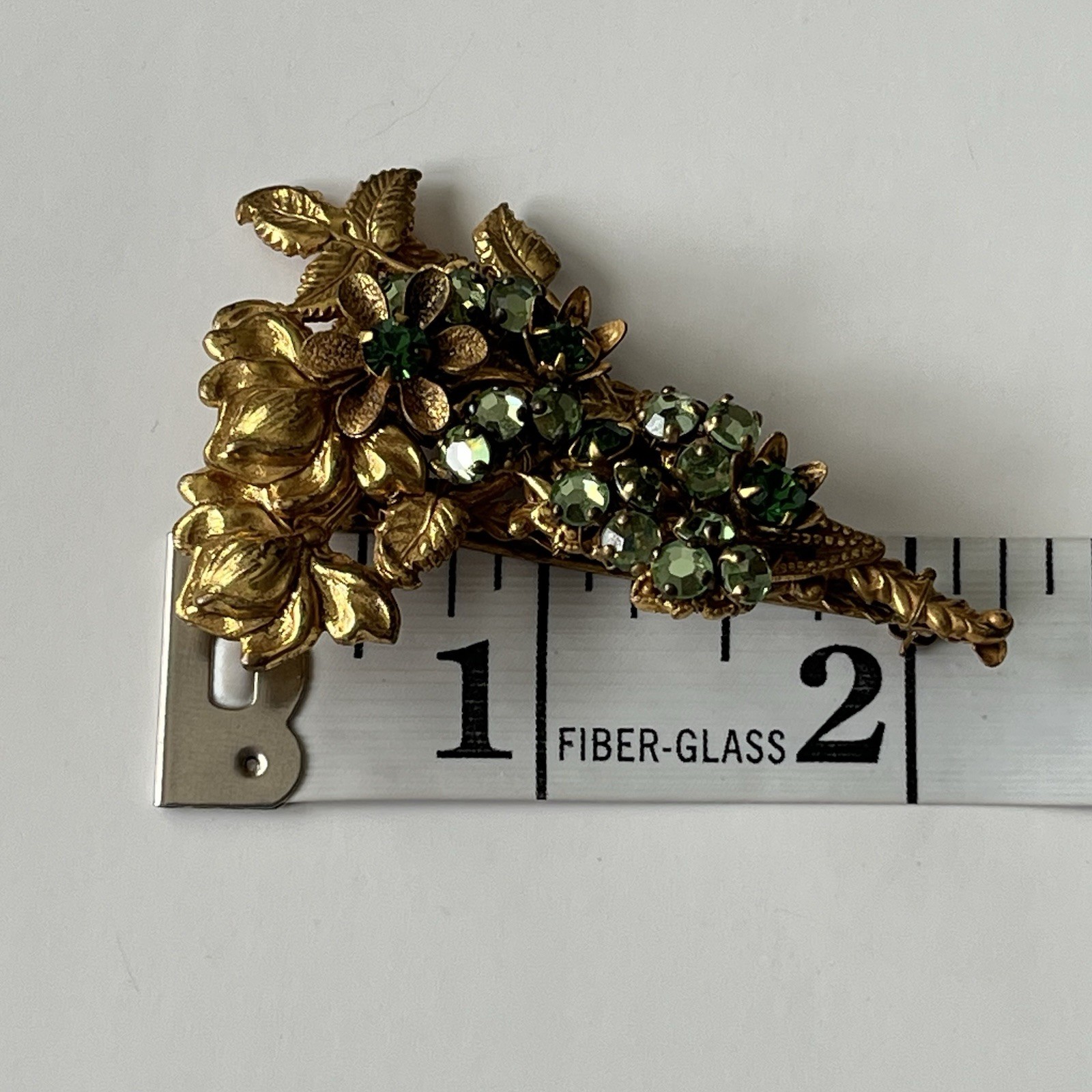 VTG Miriam Haskell Bar Brooch Green Rhinestone Floral Filigree Goldstone Signed