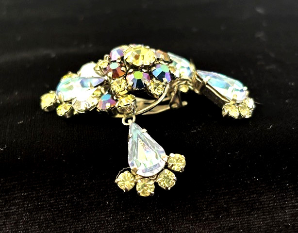 Fabulous Vintage Silver Tn BLUE AB Rhinestone Cluster Drop Clip Earrings AUSTRIA