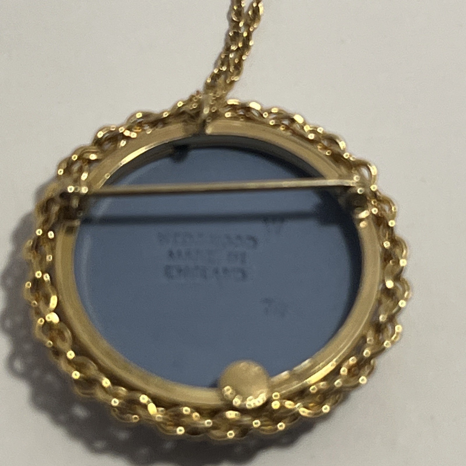 Wedgwood Blue Jasperware Liberty Bell Cameo Pendant Necklace Very Good