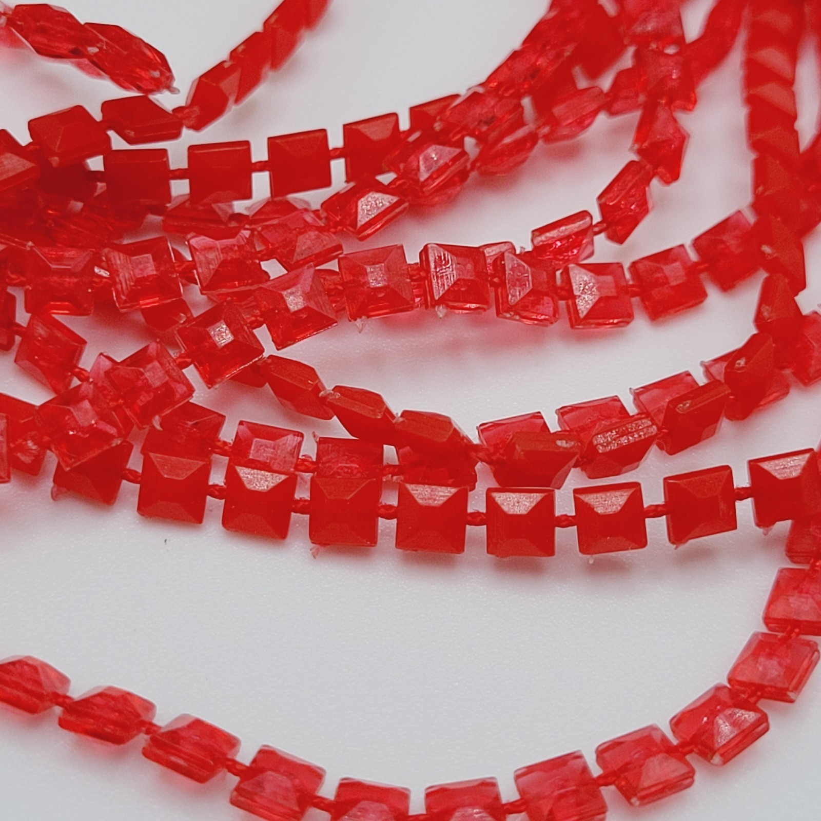 Vintage Red Multi Strand Plastic Square Beaded Solid & Clear Bead Necklace 48 In