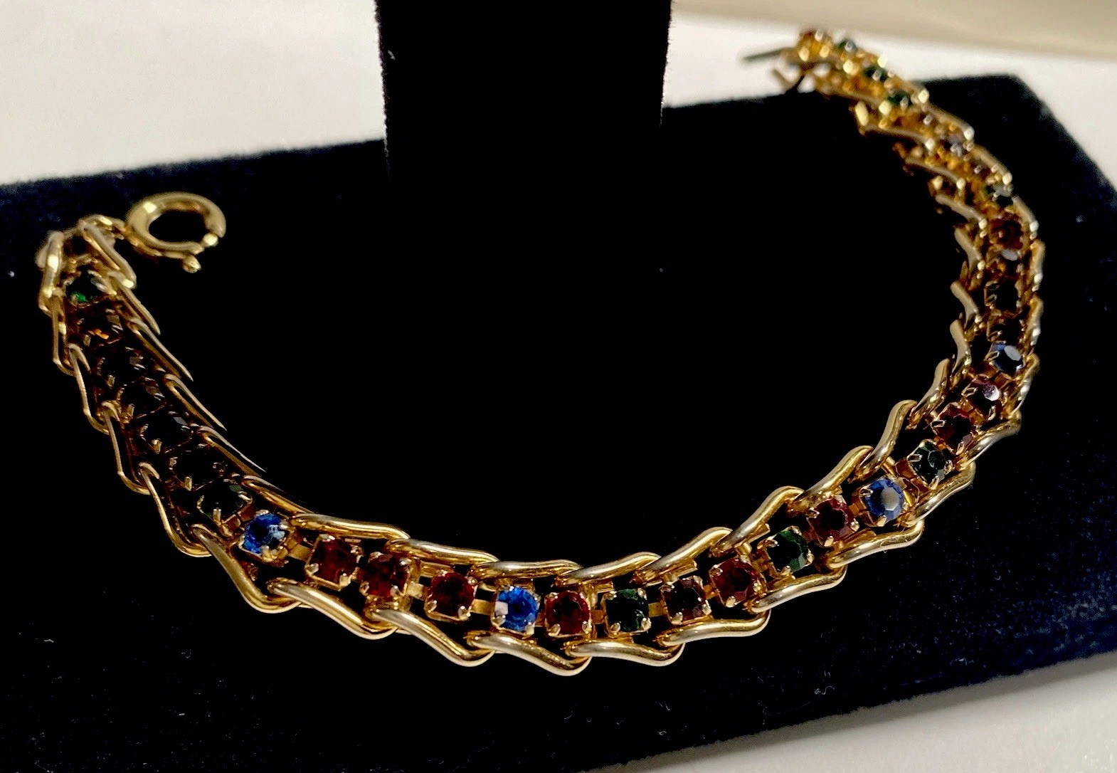 Vintage Triple Chain Prong Set Glass Gems Bracelet, Flat Bracelet Layered Set