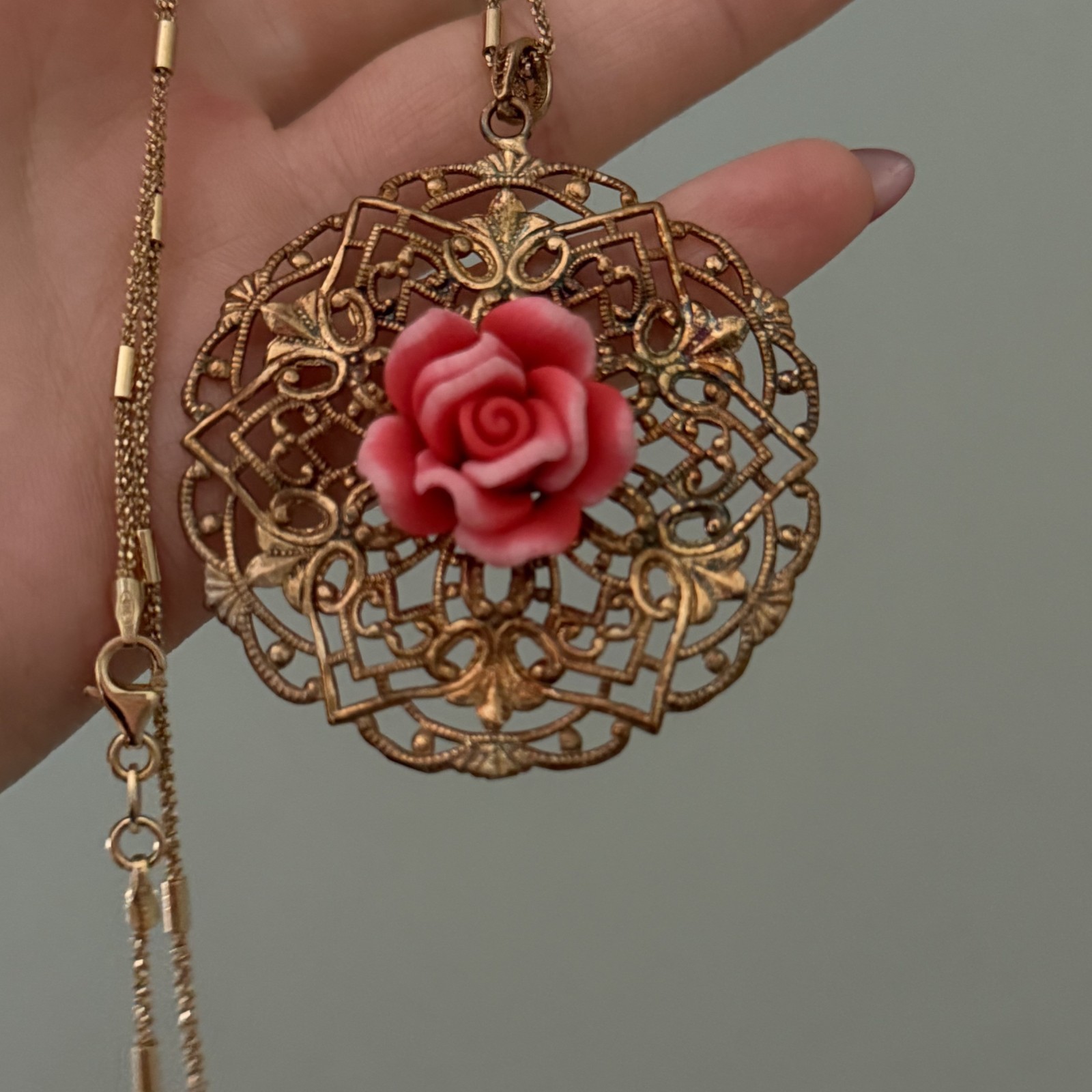 Vintage 925 Italy Sterling Silver Gold Vermeil Pink Rose Filigree Necklace